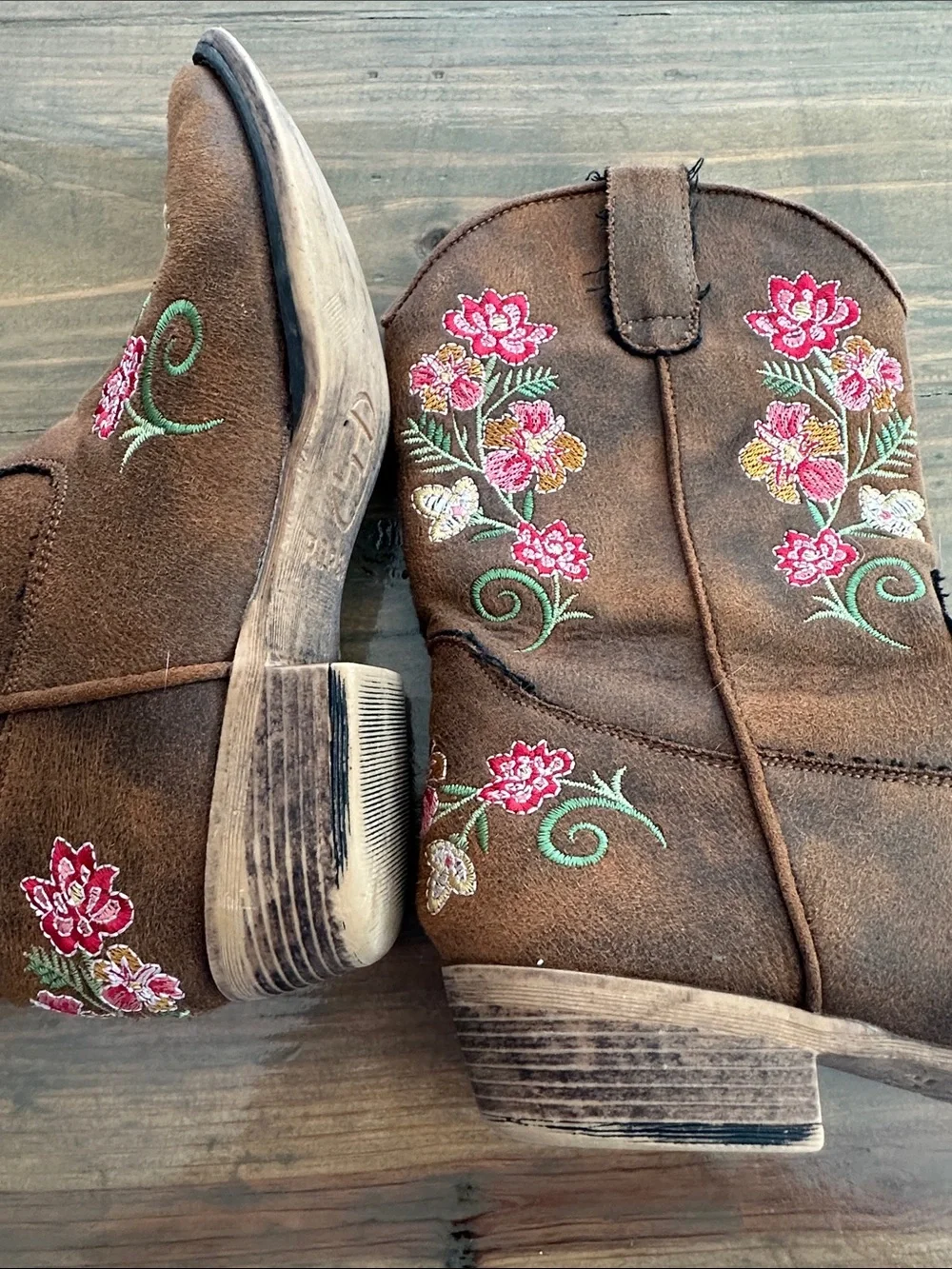 Roper Brown Kids Western Boots with Pink & Green Floral Embroidery